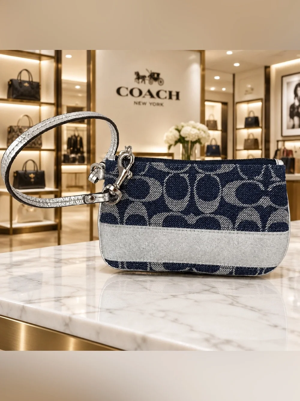 🦋COACH POPPY DENIM STRIPE SILVER Wallet Wristlet 🦋